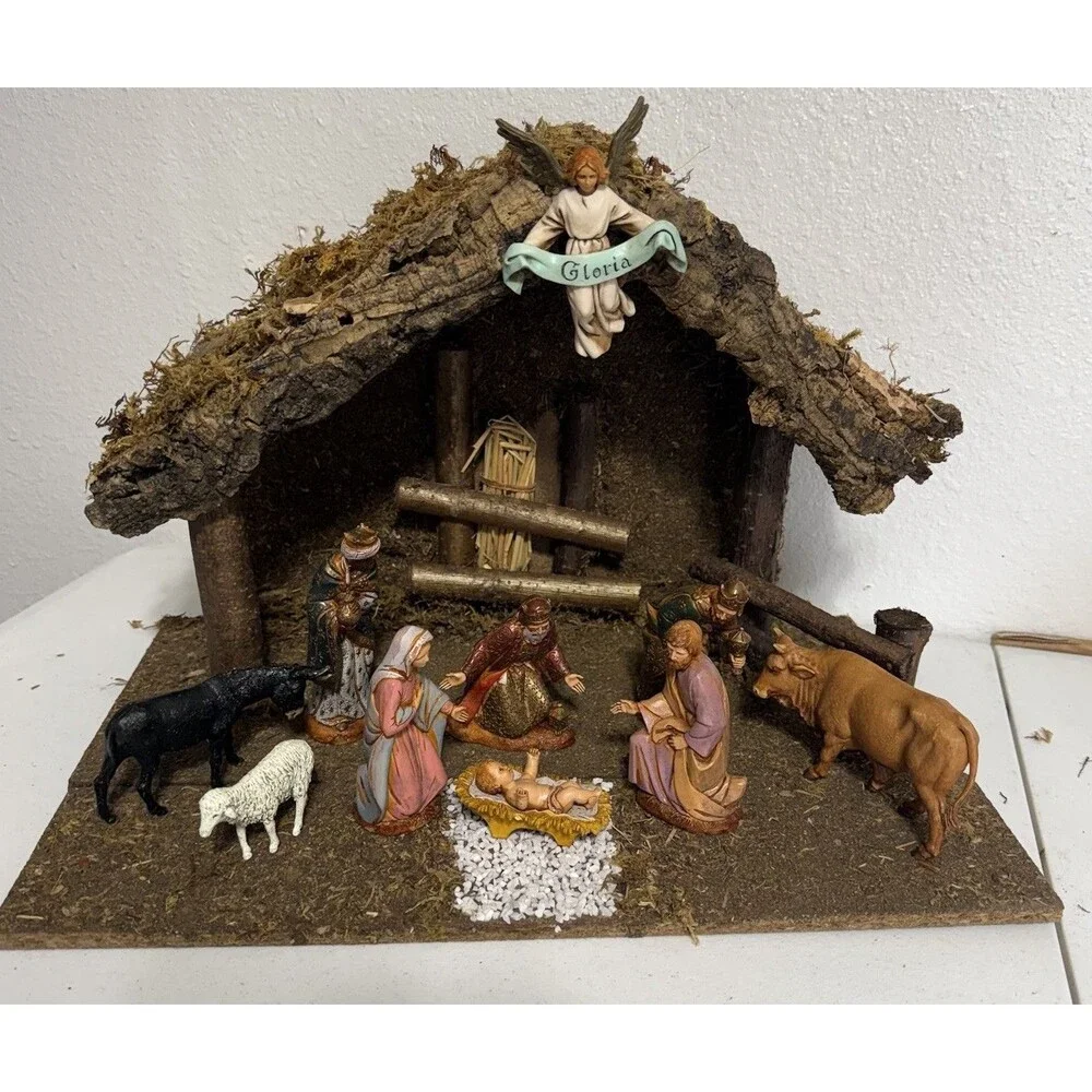 Vtg Sears Nativity Wood Stable Manger 9 Figures Italy Set Complete #97682 W/Box